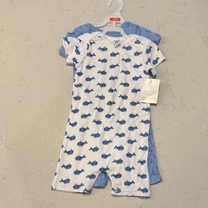 Hudson Baby White and Blue Whale Print Short Sleeve Rompers - 2 Pack